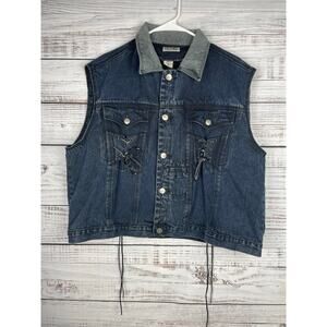 Vintage-Style Denim Vest Jacket - Dark Blue with Contrast Collar